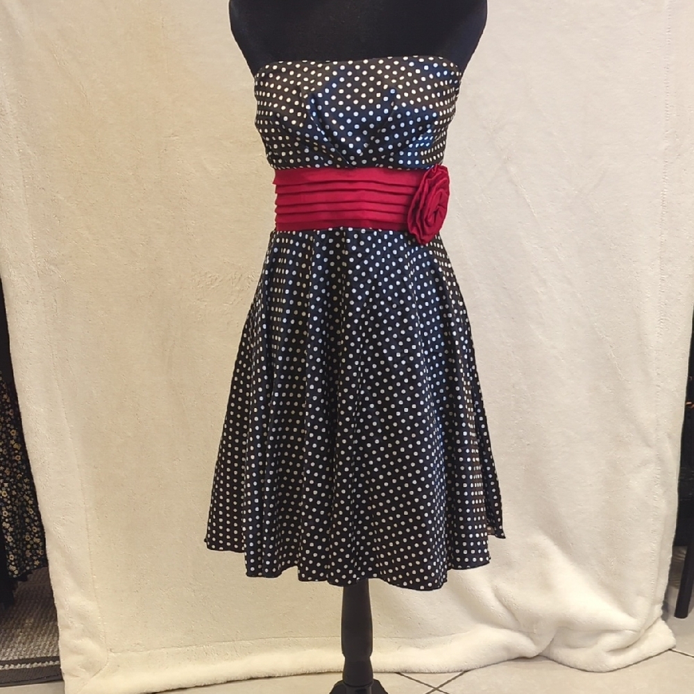 Polka Dot Strapless Dress with Red Accent
